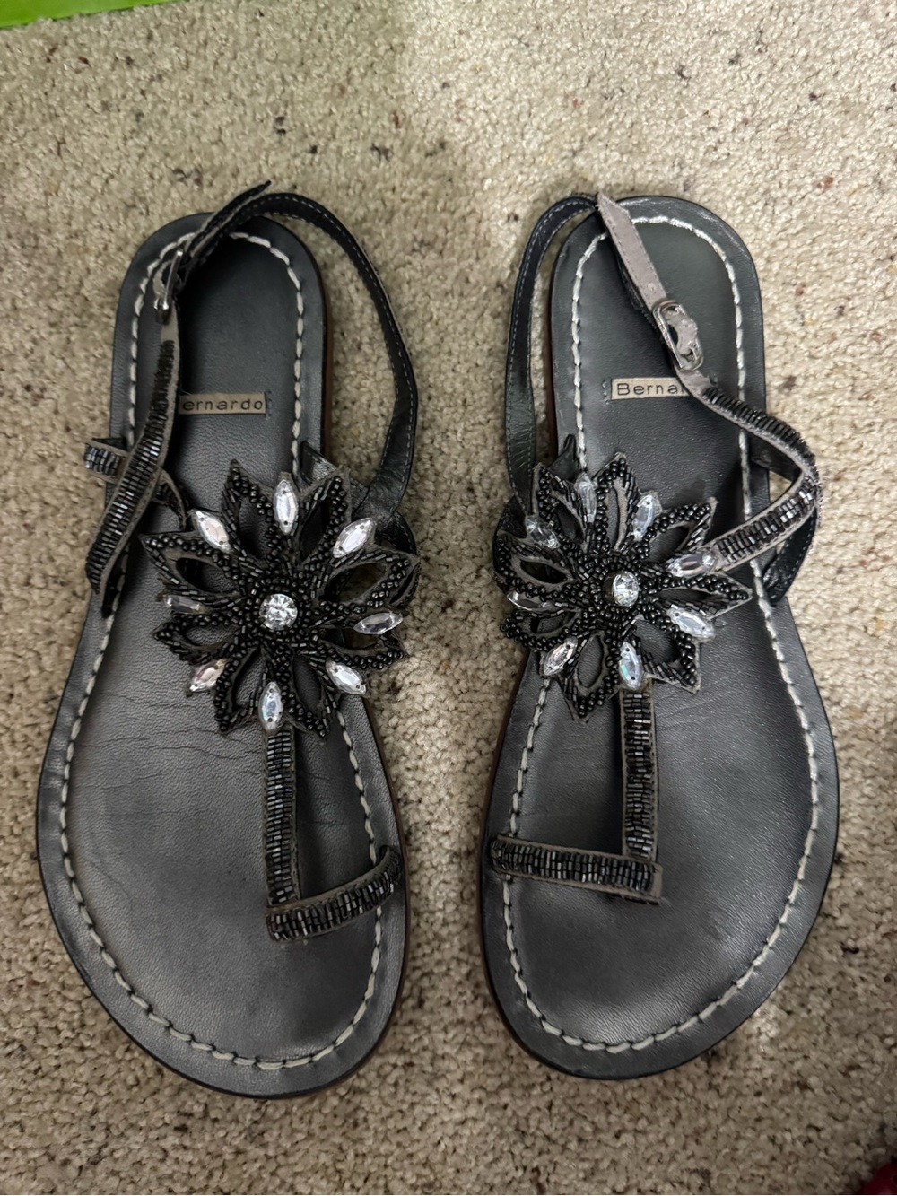 Bernardo Black Beaded Floral T-Strap Sandals